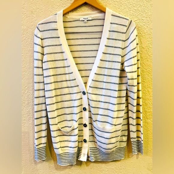 Madewell Cardigan White Gray Stripes Sz Large Pockets - Picture 2 of 7